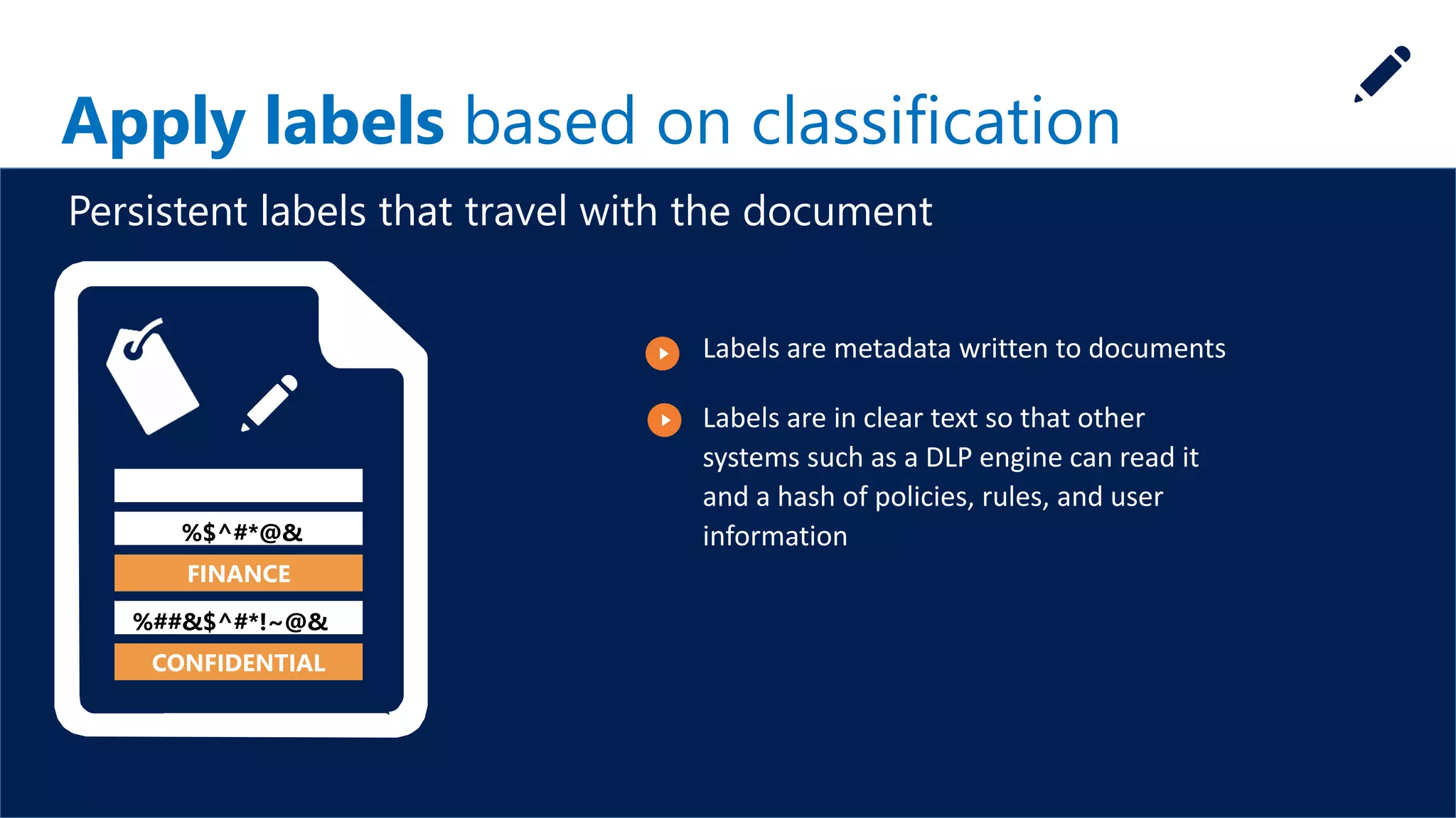 Apply labels based on classification
%##&$^#*!~@&
FINANCE
CONFIDENTIAL
%$^#*@&
Persistent labels that travel with the document
Labels are metadata written to documents
Labels are in clear text so that other
systems such as a DLP engine can read it
and a hash of policies, rules, and user
information
 