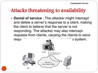 Cryptographic Security
Attacks threatening to availability
 Denial of service : The attacker might intercept
and delete a server’s response to a client, making
the client to believe that the server is not
responding. The attacker may also intercept
requests from clients, causing the clients to send
requests many times and overload the system.
*
 