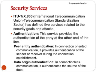 Cryptographic Security
Security Services
 ITU-T(X.800)[International Telecommunication
Union-Telecommunication Standardization
Sector] has defined five services related to the
security goals and attacks.
 Authentication: This service provides the
authentication of the party at the other end of the
line.
Peer entity authentication: In connection oriented
communication, it provides authentication of the
sender or receiver during the connection
establishment.
Data origin authentication: In connectionless
communication, it authenticates the source of the
data.
*
 