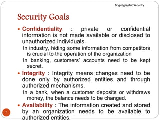 Cryptographic Security
Security Goals
*
 Confidentiality : private or confidential
information is not made available or disclosed to
unauthorized individuals.
In industry, hiding some information from competitors
is crucial to the operation of the organization
In banking, customers’ accounts need to be kept
secret.
 Integrity : Integrity means changes need to be
done only by authorized entities and through
authorized mechanisms.
In a bank, when a customer deposits or withdraws
money, the balance needs to be changed.
 Availability : The information created and stored
by an organization needs to be available to
authorized entities.
 