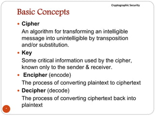 Cryptographic Security
Basic Concepts
 Cipher
An algorithm for transforming an intelligible
message into unintelligible by transposition
and/or substitution.
 Key
Some critical information used by the cipher,
known only to the sender & receiver.
 Encipher (encode)
The process of converting plaintext to ciphertext
 Decipher (decode)
The process of converting ciphertext back into
plaintext
*
 