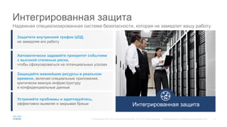 13© Корпорация Cisco и/или ее дочерние компании, 2015. Все права защищены. Конфиденциальная информация корпорации Cisco
Интегрированная защита
Надежная специализированная система безопасности, которая не замедлит вашу работу
Интегрированная защита
Защитите внутренний трафик ЦОД,
не замедляя его работу
Автоматически задавайте приоритет событиям
с высокой степенью риска,
чтобы сфокусироваться на потенциальных угрозах
Защищайте важнейшие ресурсы в реальном
времени, включая специальные приложения,
критически важную инфраструктуру
и конфиденциальные данные
Устраняйте проблемы и адаптируйтесь,
эффективно выявляя и закрывая бреши
 