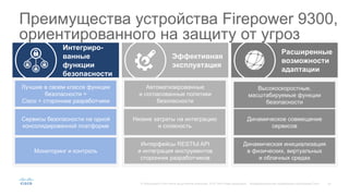 24© Корпорация Cisco и/или ее дочерние компании, 2015. Все права защищены. Конфиденциальная информация корпорации Cisco
Эффективная
эксплуатация
Интегриро-
ванные
функции
безопасности
Расширенные
возможности
адаптации
Высокоскоростные,
масштабируемые функции
безопасности
Динамическое совмещение
сервисов
Динамическая инициализация
в физических, виртуальных
и облачных средах
Автоматизированные
и согласованные политики
безопасности
Низкие затраты на интеграцию
и сложность
Интерфейсы RESTful API
и интеграция инструментов
сторонних разработчиков
Лучшие в своем классе функции
безопасности =
Cisco + сторонние разработчики
Сервисы безопасности на одной
консолидированной платформе
Мониторинг и контроль
Преимущества устройства Firepower 9300,
ориентированного на защиту от угроз
 