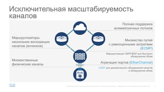 4© Корпорация Cisco и/или ее дочерние компании, 2015. Все права защищены. Конфиденциальная информация корпорации Cisco
Исключительная масштабируемость
каналов
Маршрутизаторы
нескольких восходящих
каналов (аплинков)
Множественные
физические каналы
Маршрутизация OSPF/BGP для быстрого
обнаружения сбоев
Множество путей
с равноценными затратами
(ECMP)
Полная поддержка
асимметричных потоков
Агрегация портов (EtherChannel)
LACP для динамического объединения каналов
и обнаружения сбоев
 