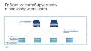 8© Корпорация Cisco и/или ее дочерние компании, 2015. Все права защищены. Конфиденциальная информация корпорации Cisco
Гибкая масштабируемость
и производительность
По необходимости
обеспечивается
вертикальное
масштабирование
защиты в зависимости
от объема трафика.
16-канальное распределение
нагрузки с синхронизацией
состояния
Пул, объединяющий
физические устройства
 