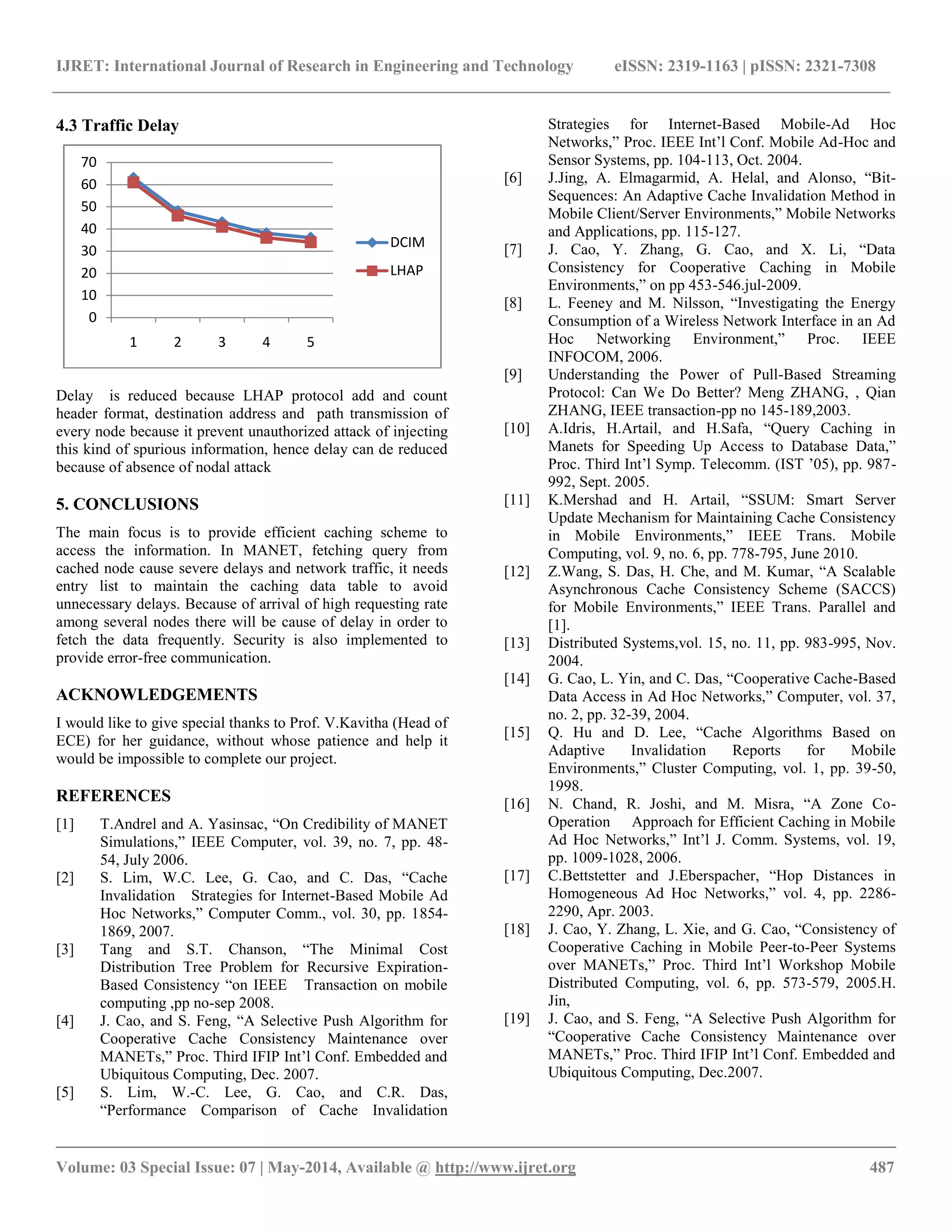 IJRET: International Journal of Research in Engineering and Technology eISSN: 2319-1163 | pISSN: 2321-7308 
__________________________________________________________________________________________ 
Volume: 03 Special Issue: 07 | May-2014, Available @ http://www.ijret.org 487 
4.3 Traffic Delay 
Delay is reduced because LHAP protocol add and count header format, destination address and path transmission of every node because it prevent unauthorized attack of injecting this kind of spurious information, hence delay can de reduced because of absence of nodal attack 5. CONCLUSIONS The main focus is to provide efficient caching scheme to access the information. In MANET, fetching query from cached node cause severe delays and network traffic, it needs entry list to maintain the caching data table to avoid unnecessary delays. Because of arrival of high requesting rate among several nodes there will be cause of delay in order to fetch the data frequently. Security is also implemented to provide error-free communication. ACKNOWLEDGEMENTS I would like to give special thanks to Prof. V.Kavitha (Head of ECE) for her guidance, without whose patience and help it would be impossible to complete our project. REFERENCES 
[1] T.Andrel and A. Yasinsac, “On Credibility of MANET Simulations,” IEEE Computer, vol. 39, no. 7, pp. 48- 54, July 2006. 
[2] S. Lim, W.C. Lee, G. Cao, and C. Das, “Cache Invalidation Strategies for Internet-Based Mobile Ad Hoc Networks,” Computer Comm., vol. 30, pp. 1854- 1869, 2007. 
[3] Tang and S.T. Chanson, “The Minimal Cost Distribution Tree Problem for Recursive Expiration- Based Consistency “on IEEE Transaction on mobile computing ,pp no-sep 2008. 
[4] J. Cao, and S. Feng, “A Selective Push Algorithm for Cooperative Cache Consistency Maintenance over MANETs,” Proc. Third IFIP Int’l Conf. Embedded and Ubiquitous Computing, Dec. 2007. 
[5] S. Lim, W.-C. Lee, G. Cao, and C.R. Das, “Performance Comparison of Cache Invalidation 
Strategies for Internet-Based Mobile-Ad Hoc Networks,” Proc. IEEE Int’l Conf. Mobile Ad-Hoc and Sensor Systems, pp. 104-113, Oct. 2004. 
[6] J.Jing, A. Elmagarmid, A. Helal, and Alonso, “Bit- Sequences: An Adaptive Cache Invalidation Method in Mobile Client/Server Environments,” Mobile Networks and Applications, pp. 115-127. 
[7] J. Cao, Y. Zhang, G. Cao, and X. Li, “Data Consistency for Cooperative Caching in Mobile Environments,” on pp 453-546.jul-2009. 
[8] L. Feeney and M. Nilsson, “Investigating the Energy Consumption of a Wireless Network Interface in an Ad Hoc Networking Environment,” Proc. IEEE INFOCOM, 2006. 
[9] Understanding the Power of Pull-Based Streaming Protocol: Can We Do Better? Meng ZHANG, , Qian ZHANG, IEEE transaction-pp no 145-189,2003. 
[10] A.Idris, H.Artail, and H.Safa, “Query Caching in Manets for Speeding Up Access to Database Data,” Proc. Third Int’l Symp. Telecomm. (IST ’05), pp. 987- 992, Sept. 2005. 
[11] K.Mershad and H. Artail, “SSUM: Smart Server Update Mechanism for Maintaining Cache Consistency in Mobile Environments,” IEEE Trans. Mobile Computing, vol. 9, no. 6, pp. 778-795, June 2010. 
[12] Z.Wang, S. Das, H. Che, and M. Kumar, “A Scalable Asynchronous Cache Consistency Scheme (SACCS) for Mobile Environments,” IEEE Trans. Parallel and [1]. 
[13] Distributed Systems,vol. 15, no. 11, pp. 983-995, Nov. 2004. 
[14] G. Cao, L. Yin, and C. Das, “Cooperative Cache-Based Data Access in Ad Hoc Networks,” Computer, vol. 37, no. 2, pp. 32-39, 2004. 
[15] Q. Hu and D. Lee, “Cache Algorithms Based on Adaptive Invalidation Reports for Mobile Environments,” Cluster Computing, vol. 1, pp. 39-50, 1998. 
[16] N. Chand, R. Joshi, and M. Misra, “A Zone Co- Operation Approach for Efficient Caching in Mobile Ad Hoc Networks,” Int’l J. Comm. Systems, vol. 19, pp. 1009-1028, 2006. 
[17] C.Bettstetter and J.Eberspacher, “Hop Distances in Homogeneous Ad Hoc Networks,” vol. 4, pp. 2286- 2290, Apr. 2003. 
[18] J. Cao, Y. Zhang, L. Xie, and G. Cao, “Consistency of Cooperative Caching in Mobile Peer-to-Peer Systems over MANETs,” Proc. Third Int’l Workshop Mobile Distributed Computing, vol. 6, pp. 573-579, 2005.H. Jin, 
[19] J. Cao, and S. Feng, “A Selective Push Algorithm for “Cooperative Cache Consistency Maintenance over MANETs,” Proc. Third IFIP Int’l Conf. Embedded and Ubiquitous Computing, Dec.2007. 
0 
10 
20 
30 
40 
50 
60 
70 
1 
2 
3 
4 
5 
DCIM 
LHAP  