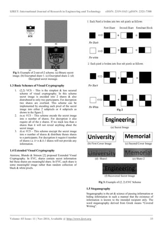 IJRET: International Journal of Research in Engineering and Technology eISSN: 2319-1163 | pISSN: 2321-7308
_______________________________________________________________________________________
Volume: 03 Issue: 11 | Nov-2014, Available @ http://www.ijret.org 33
Fig 1: Example of 2-out-of-2 scheme. (a) Binary secret
image. (b) Encrypted share 1. (c) Encrypted share 2. (d)
Decrypted secret message.
1.3 Basic Schemes of Visual Cryptography
1. (2,2) VCS – This is the simplest & less secured
scheme of visual cryptography. In this scheme
secret image is encoded into 2 shares & also
distrubuted to only two participants. For decryption
two shares are overlaid. This scheme can be
implemented by encoding each pixel of the secret
image into either 2 subpixels or 4 subpixels as
shown in the figure 2.
2. (n,n) VCS – This scheme encode the secret image
into n number of shares. For decryption it also
require all of the n shares. If we stack less than n
shares than it will not reveal anything about the
secret image.
3. (k,n) VCS – This scheme encrypt the secret image
into n number of shares & distribute theses shares
to n participants. For decryption it require k number
of shares i.e. k<n & k-1 shares will not provide any
information.
1.4 Extended Visual Cryptography
Ateniese, Blundo & Stinson [2] proposed Extended Visual
Cryptography. In EVC, shares contain secret information
but these shares are meaningful share. In EVC, each share is
some meaningful image rather than random collection of
black & white pixels.
Fig 2
(a) Secret Image
(b) First Cover Image (c) Second Cover Image
(d) Share1 (e) Share 2
(f) Recovered Secret Image
Fig 3: Example of (2, 2) EVC Scheme
1.5 Steganography
Steganography is the art & science of passing information or
hiding information in such a manner that the existence of
information is known to the intended recipient only. The
word steganography derived from Greek means “Covered
Writing”.
 