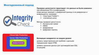 Многоуровневый подход
Проверка целостности гарантирует что данные не были изменены
при обновлении ПО и конфигураций,
когда данные приходят с доверенной границы в не доверенную и
возвращаются, например:
 <input type=”hidden”>
 платежный шлюз
Методы проверки целостности:
 Контрольная сумма
 HMAC
 Шифрование
 Цифровая подпись
Я кликабельная
Валидация внедряется на каждом уровне:
уровень представления для проблем с данными
переданными через HTML
уровень хранения данных для противодействия SQL
инъекциям
Я кликабельная
 