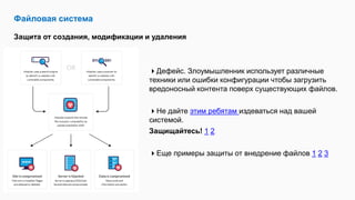 Файловая система
Защита от создания, модификации и удаления
Дефейс. Злоумышленник использует различные
техники или ошибки конфигурации чтобы загрузить
вредоносный контента поверх существующих файлов.
Не дайте этим ребятам издеваться над вашей
системой.
Защищайтесь! 1 2
Еще примеры защиты от внедрение файлов 1 2 3
 