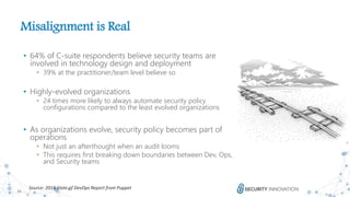 15
Misalignment is Real
• 64% of C-suite respondents believe security teams are
involved in technology design and deployment
• 39% at the practitioner/team level believe so
• Highly-evolved organizations
• 24 times more likely to always automate security policy
configurations compared to the least evolved organizations
• As organizations evolve, security policy becomes part of
operations
• Not just an afterthought when an audit looms
• This requires first breaking down boundaries between Dev, Ops,
and Security teams
Source: 2018 State of DevOps Report from Puppet
 
