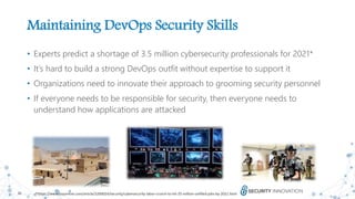 30
Maintaining DevOps Security Skills
• Experts predict a shortage of 3.5 million cybersecurity professionals for 2021*
• It’s hard to build a strong DevOps outfit without expertise to support it
• Organizations need to innovate their approach to grooming security personnel
• If everyone needs to be responsible for security, then everyone needs to
understand how applications are attacked
*https://www.csoonline.com/article/3200024/security/cybersecurity-labor-crunch-to-hit-35-million-unfilled-jobs-by-2021.html
 