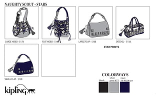 NAUGHTY SCOUT - STARS




LARGE HOBO - $178   FLAT HOBO - $168.   LARGE FLAP - $168                SATCHEL - $158.

                                                                STAR PRINTS




                                                              COLORWAYS
                                                                    silver  navy
SMALL FLAP - $128                                           black   pms-877 19-4024 tpx
 