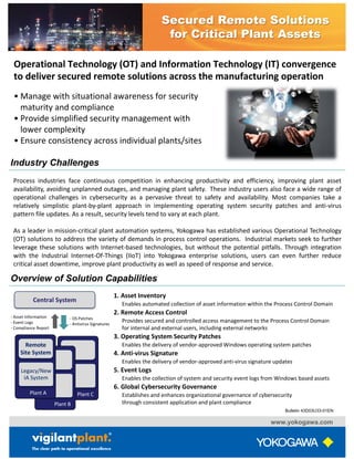 Secured Remote Solutions
for Critical Plant Assets
www.yokogawa.com
Operational Technology (OT) and Information Technology (IT) convergence
to deliver secured remote solutions across the manufacturing operation
Industry Challenges
• Manage with situational awareness for security
maturity and compliance
• Provide simplified security management with
lower complexity
• Ensure consistency across individual plants/sites
Process industries face continuous competition in enhancing productivity and efficiency, improving plant asset
availability, avoiding unplanned outages, and managing plant safety. These industry users also face a wide range of
operational challenges in cybersecurity as a pervasive threat to safety and availability. Most companies take a
relatively simplistic plant-by-plant approach in implementing operating system security patches and anti-virus
pattern file updates. As a result, security levels tend to vary at each plant.
As a leader in mission-critical plant automation systems, Yokogawa has established various Operational Technology
(OT) solutions to address the variety of demands in process control operations. Industrial markets seek to further
leverage these solutions with Internet-based technologies, but without the potential pitfalls. Through integration
with the Industrial Internet-Of-Things (IIoT) into Yokogawa enterprise solutions, users can even further reduce
critical asset downtime, improve plant productivity as well as speed of response and service.
Overview of Solution Capabilities
Bulletin 43D03U33-01EN
Plant C
Plant B
Central System
- Asset Information
- Event Logs
- Compliance Report
Remote
Site System
Plant A
Legacy/New
IA System
- OS Patches
- Antivirus Signatures
1. Asset Inventory
Enables automated collection of asset information within the Process Control Domain
2. Remote Access Control
Provides secured and controlled access management to the Process Control Domain
for internal and external users, including external networks
3. Operating System Security Patches
Enables the delivery of vendor-approved Windows operating system patches
4. Anti-virus Signature
Enables the delivery of vendor-approved anti-virus signature updates
5. Event Logs
Enables the collection of system and security event logs from Windows based assets
6. Global Cybersecurity Governance
Establishes and enhances organizational governance of cybersecurity
through consistent application and plant compliance
 