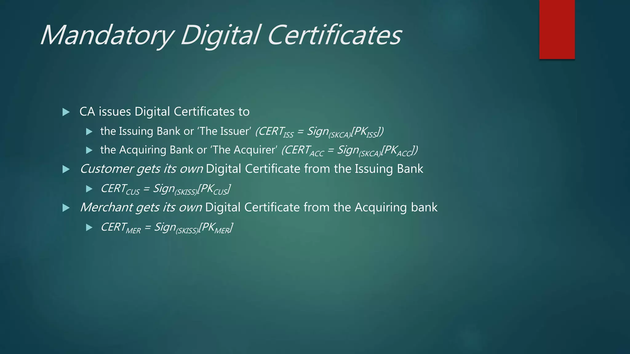 Mandatory Digital Certificates
 CA issues Digital Certificates to
 the Issuing Bank or ‘The Issuer’ (CERTISS = Sign(SKCA)[PKISS])
 the Acquiring Bank or ‘The Acquirer’ (CERTACC = Sign(SKCA)[PKACC])
 Customer gets its own Digital Certificate from the Issuing Bank
 CERTCUS = Sign(SKISS)[PKCUS]
 Merchant gets its own Digital Certificate from the Acquiring bank
 CERTMER = Sign(SKISS)[PKMER]
 