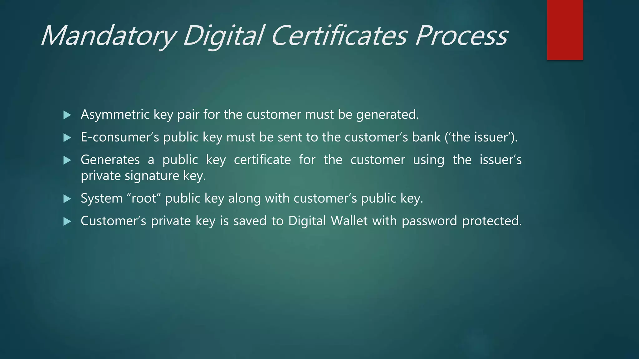 Mandatory Digital Certificates Process
 Asymmetric key pair for the customer must be generated.
 E-consumer’s public key must be sent to the customer’s bank (‘the issuer’).
 Generates a public key certificate for the customer using the issuer’s
private signature key.
 System “root” public key along with customer’s public key.
 Customer’s private key is saved to Digital Wallet with password protected.
 