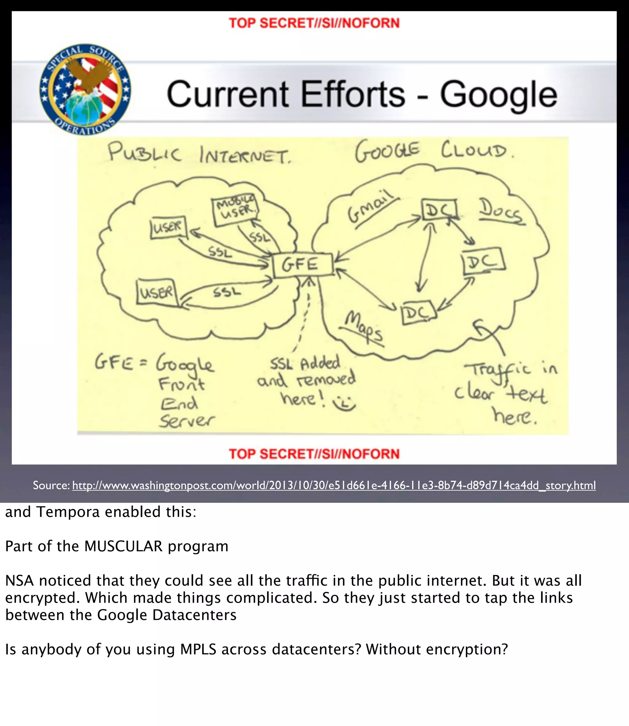 Source: http://www.washingtonpost.com/world/2013/10/30/e51d661e-4166-11e3-8b74-d89d714ca4dd_story.html and Tempora enabled this: Part of the MUSCULAR program NSA noticed that they could see all the traffic in the public internet. But it was all encrypted. Which made things complicated. So they just started to tap the links between the Google Datacenters Is anybody of you using MPLS across datacenters? Without encryption? 