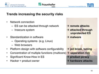 Technische Universität München

Trends increasing the security risks
• Network connection
– ES can be attacked through network
– Insecure system

 remote attacks
 attacked through
unprotected ES
 malware

• Standardization in software
– Operating systems (e.g. Linux)
– Web browsers
• Platform design with software configurability  jail break, tuning
• Concentration of multiple functions (multicore)  separation risk
• Significant Know-How in ES
 product piracy
• Hacker = product owner
 hardware attacks

10

 