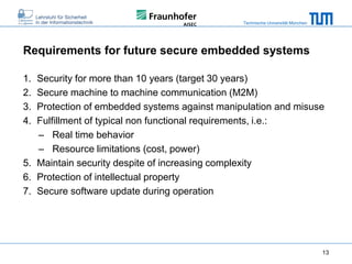 Technische Universität München

Requirements for future secure embedded systems
1.
2.
3.
4.

Security for more than 10 years (target 30 years)
Secure machine to machine communication (M2M)
Protection of embedded systems against manipulation and misuse
Fulfillment of typical non functional requirements, i.e.:
– Real time behavior
– Resource limitations (cost, power)
5. Maintain security despite of increasing complexity
6. Protection of intellectual property
7. Secure software update during operation

13

 