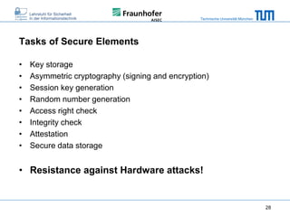 Technische Universität München

Tasks of Secure Elements
•
•
•
•
•
•
•
•

Key storage
Asymmetric cryptography (signing and encryption)
Session key generation
Random number generation
Access right check
Integrity check
Attestation
Secure data storage

• Resistance against Hardware attacks!

28

 