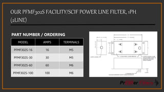 OUR PFMF302S FACILITY/SCIF POWER LINE FILTER, 1PH
(2LINE)
MODEL AMPS TERMINALS
PFMF302S-16 16 M5
PFMF302S-30 30 M5
PFMF302S-60 60 M6
PFMF302S-100 100 M6
PART NUMBER / ORDERING
 