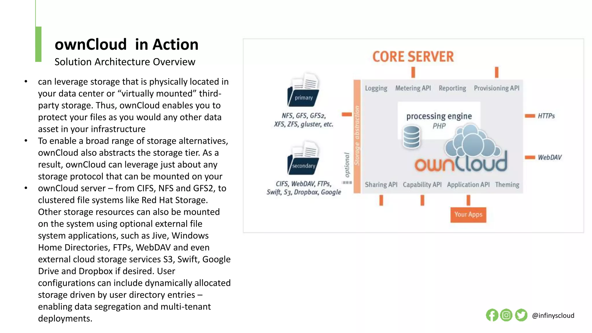 ownCloud in Action
@infinyscloud
Solution Architecture Overview
• can leverage storage that is physically located in
your data center or “virtually mounted” third-
party storage. Thus, ownCloud enables you to
protect your files as you would any other data
asset in your infrastructure
• To enable a broad range of storage alternatives,
ownCloud also abstracts the storage tier. As a
result, ownCloud can leverage just about any
storage protocol that can be mounted on your
• ownCloud server – from CIFS, NFS and GFS2, to
clustered file systems like Red Hat Storage.
Other storage resources can also be mounted
on the system using optional external file
system applications, such as Jive, Windows
Home Directories, FTPs, WebDAV and even
external cloud storage services S3, Swift, Google
Drive and Dropbox if desired. User
configurations can include dynamically allocated
storage driven by user directory entries –
enabling data segregation and multi-tenant
deployments.
 