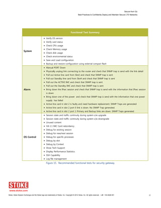 Secure from Go
Best Practices to Confidently Deploy and Maintain Secure LTE Networks
Stoke, Stoke Session Exchange and the Stoke logo are trademarks of Stoke, Inc. Copyright © 2014 Stoke, Inc. All rights reserved. Lit# 130-0028-001 22
Functional Test Summary
System
Verify OS version
Verify card status
Check CPU usage
Check Memory usage
Check disk usage
Check environmental status
Save and Load configuration
Backup and restore configuration using external compact flash
Alarm
Manual PORT Down
Physically unplug link connecting to the router and check that SNMP trap is send with the link detail
Pull out Active line card from Slot2 and check that SNMP trap is sent
Pull out Standby line card from Slot4 and check that SNMP trap is sent
Pull out the ACTIVE IMC and check that SNMP trap is sent
Pull out the Standby IMC and check that SNMP trap is sent
Bring down the IPsec session and check that SNMP trap is send with the information that IPsec session
is down
Bring down one of the power and check that SNMP trap is send with the information that one power
supply has failed
Active line card in slot 2 is faulty and need hardware replacement. SNMP Traps are generated
Active line card in slot 2 port 0 link is down. No SNMP Trap generated.
Active line card in slot 2 port 1 Primary and Backup links are down. SNMP Traps generated
OS Control
Session state and traffic continuity during system s/w upgrade
Session state and traffic continuity during system s/w downgrade
Unused content
HA 1:1 IMC Card redundancy
Debug for existing session
Debug for new/next session
Debug for specific processes
Debug by slot
Debug by Context
Show Tech Support
Display Performance Statistics
SSH Capability
Log file management
Figure 15. Recommended functional tests for security gateway.
 