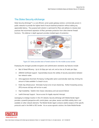 Secure from Go
Best Practices to Confidently Deploy and Maintain Secure LTE Networks
Stoke, Stoke Session Exchange and the Stoke logo are trademarks of Stoke, Inc. Copyright © 2014 Stoke, Inc. All rights reserved. Lit# 130-0028-001 29
The Stoke Security eXchange
Stoke Security eXchange™ is a cost efficient, carrier grade gateway solution, commercially proven in
public networks to provide the highest level of secure backhaul protection without adding any
appreciable latency. The purpose-built solution is optimized for IPsec and adheres to industry best
practices that recommend separation of IPsec perimeter protection from other Internet firewall
functions. This defense in depth approach provides multiple layers of protection.
Figure 20. Stoke provides best of breed solution for the mobile access border.
Employing the strongest possible encryption and authentication standards, key features include:
Best of Breed Efficiency: Up to 16 Gbps per rack unit, and as low as 24 watts per Gbps.
2048 Bit Certificate Support: Exponentially ensures the validity of security associations between
two network nodes
Ultra-aggressive Automatic Re-keying: Configurable option automatically resets key, limiting the
amount of data available if a breach occurs.
Public Key Infrastructure: Eliminates human error of pre-shared key. Perfect forwarding secrecy
(PFS) ensures old keys will not be re-used.
High Availability: Stateful inter-chassis redundancy and sub-second failover
Lawful Intercept Support: Secure access for legally required intercept.
Leveraging its strategic location in the LTE network, Security eXchange with Mobile Border Agent
provides a powerful perspective with control plane, user plane, session and RAN visibility that is not
available on other network elements. The Mobile Border Agent conducts stateful analysis of the specific
protocols used in the RAN to EPC border. As an access-agnostic solution, the Stoke Mobile Border
 