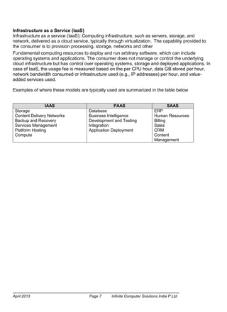 April 2013 Page 7 Infinite Computer Solutions India P Ltd.
Infrastructure as a Service (IaaS)
Infrastructure as a service (IaaS): Computing infrastructure, such as servers, storage, and
network, delivered as a cloud service, typically through virtualization. The capability provided to
the consumer is to provision processing, storage, networks and other
Fundamental computing resources to deploy and run arbitrary software, which can include
operating systems and applications. The consumer does not manage or control the underlying
cloud infrastructure but has control over operating systems, storage and deployed applications. In
case of IaaS, the usage fee is measured based on the per CPU hour, data GB stored per hour,
network bandwidth consumed or infrastructure used (e.g., IP addresses) per hour, and value-
added services used.
Examples of where these models are typically used are summarized in the table below
IAAS PAAS SAAS
Storage
Content Delivery Networks
Backup and Recovery
Services Management
Platform Hosting
Compute
Database
Business Intelligence
Development and Testing
Integration
Application Deployment
ERP
Human Resources
Billing
Sales
CRM
Content
Management
 