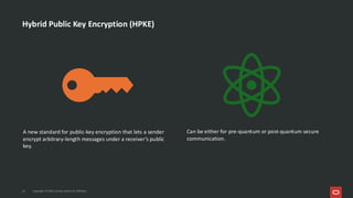 Hybrid Public Key Encryption (HPKE)
A new standard for public-key encryption that lets a sender
encrypt arbitrary-length messages under a receiver’s public
key.
Can be either for pre-quantum or post-quantum secure
communication.
13 Copyright © 2025, Oracle and/or its affiliates
 