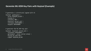 Generate ML-KEM Key Pairs with Keytool (Example)
18 Copyright © 2025, Oracle and/or its affiliates
# generates a certificate signed with EC
keytool -genkeypair 
-alias $SERVER_ALIAS 
-keyalg ec 
-validity 365 
-keystore server.p12 
-storepass $PASSWORD 
-keypass $PASSWORD
# generate the ML-KEM key pair
keytool -keystore server.p12 
-storepass $PASSWORD 
-genkeypair -alias server-mlkem 
-keyalg ML-KEM-768 
-signer $SERVER_ALIAS
 
