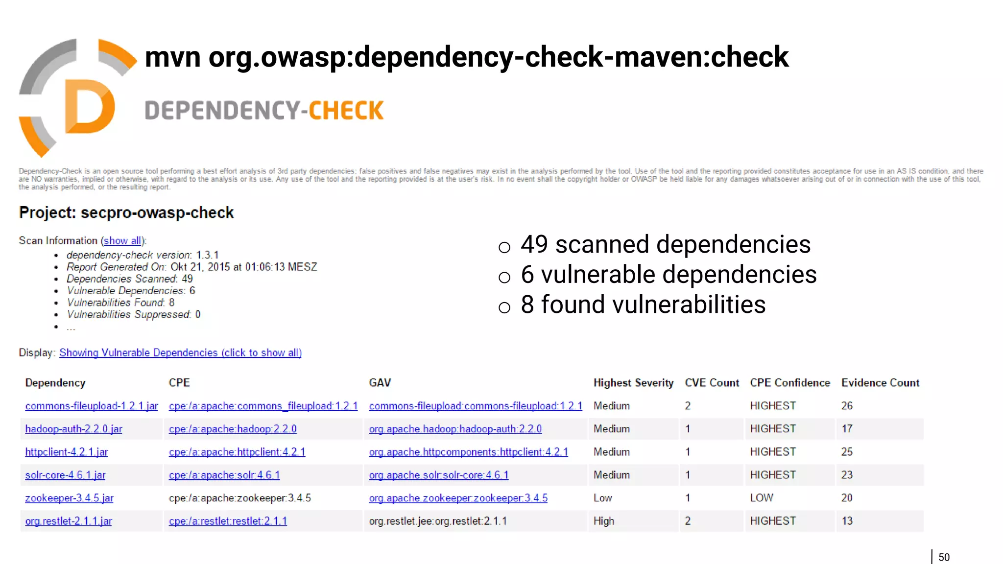 50 mvn org.owasp:dependency-check-maven:check o 49 scanned dependencies o 6 vulnerable dependencies o 8 found vulnerabilities 