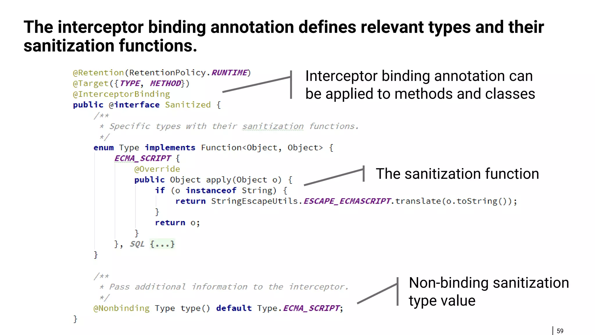 59 The interceptor binding annotation defines relevant types and their sanitization functions. The sanitization function Non-binding sanitization type value Interceptor binding annotation can be applied to methods and classes 