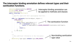 59
The interceptor binding annotation defines relevant types and their
sanitization functions.
The sanitization function
Non-binding sanitization
type value
Interceptor binding annotation can
be applied to methods and classes
 