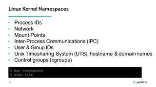▪ Process IDs
▪ Network
▪ Mount Points
▪ Inter-Process Communications (IPC)
▪ User & Group IDs
▪ Unix Timesharing System (UTS): hostname & domainnames
▪ Control groups (cgroups)
23
Linux Kernel Namespaces
$ man namespaces
$ sudo lsns
 