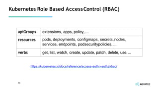 Kubernetes Role Based AccessControl (RBAC)
43
https://kubernetes.io/docs/reference/access-authn-authz/rbac/
apiGroups extensions, apps, policy, ...
resources pods, deployments, conﬁgmaps, secrets,nodes,
services, endpoints, podsecuritypolicies, ...
verbs get, list, watch, create, update, patch, delete, use,...
 