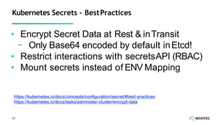 ▪ Encrypt Secret Data at Rest & inTransit
− Only Base64 encoded by default inEtcd!
▪ Restrict interactions with secretsAPI (RBAC)
▪ Mount secrets instead of ENV Mapping
52
Kubernetes Secrets - BestPractices
https://kubernetes.io/docs/concepts/conﬁguration/secret/#best-practices
https://kubernetes.io/docs/tasks/administer-cluster/encrypt-data
 