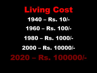 Living Cost
1940 – Rs. 10/1960 – Rs. 100/1980 – Rs. 1000/2000 – Rs. 10000/-

2020 – Rs. 100000/-

 