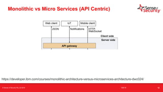 t
Monolithic vs Micro Services (API Centric)
https://developer.ibm.com/courses/monolithic-architecture-versus-microservices-architecture-dwc024/
© Sense of Security Pty Ltd 2019 16/6/19 12
 
