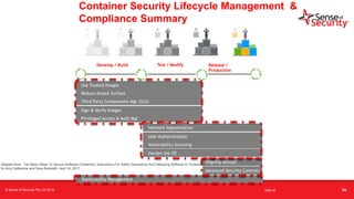 t Container Security Lifecycle Management &
Compliance Summary
Develop / Build Test / Modify Release /
Production
Use Trusted Images
Sign & Verify Images
Reduce Attack Surface
Privileged Access & Auth Mgt
Ongoing SecOps
Advanced Security Controls
Vulnerability Management
Third Party Components Mgt (SCA)
Network Segmentation
User Authentication
Vulnerability Scanning
Harden the OS
Adapted from: Ten Basic Steps To Secure Software Containers, Instructions For Safely Developing And Deploying Software In Containers,
by Amy DeMartine and Dave Bartoletti April 14, 2017
© Sense of Security Pty Ltd 2019 16/6/19 64
 