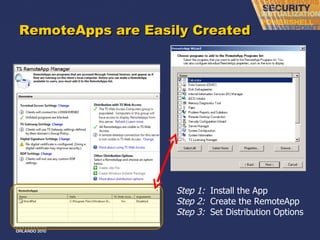 RemoteApps are Easily Created Step 1:  Install the App Step 2:   Create the RemoteApp Step 3:   Set Distribution Options 