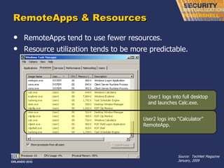RemoteApps & Resources RemoteApps tend to use fewer resources. Resource utilization tends to be more predictable. Source:  TechNet Magazine January, 2009 User1 logs into full desktop and launches Calc.exe. User2 logs into  “Calculator” RemoteApp. 
