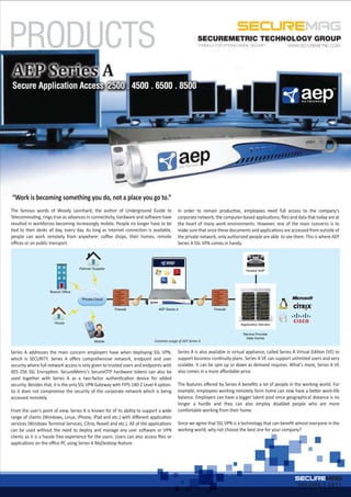 PRODUCTS                                                                                              SECUREMETRIC TECHNOLOGY GROUP



AEP Series A
Secure Application Access 2500 . 4500 . 6500 . 8500




“Work is becoming something you do, not a place you go to.”
The famous words of Woody Leonhard, the author of Underground Guide to                    In order to remain productive, employees need full access to the company’s
Telecommuting, rings true as advances in connectivity, hardware and software have         corporate network; the computer-based applications, ﬁles and data that today are at
resulted in workforces becoming increasingly mobile. People no longer have to be          the heart of many work environments. However, one of the main concerns is to
tied to their desks all day, every day. As long as Internet connection is available,      make sure that once these documents and applications are accessed from outside of
people can work remotely from anywhere: coﬀee shops, their homes, remote                  the private network, only authorized people are able to see them. This is where AEP
oﬃces or on public transport.                                                             Series A SSL VPN comes in handy.



                                     Partner/ Supplier
                                                                                                                               Hosted VoIP




                     Branch Office

                                      Private Cloud


                                                         Firewall              AEP Series A                  Firewall



                       House                                                                                                Application Servers

                                                                                                                             Service Provider
                                                                                                                               Data Centre
                                              Mobile                        Common usage of AEP Series A

Series A addresses the main concern employers have when deploying SSL VPN,                Series A is also available in virtual appliance, called Series A Virtual Edition (VE) to
which is SECURITY. Series A oﬀers comprehensive network, endpoint and user                support business continuity plans. Series A VE can support unlimited users and very
security where full network access is only given to trusted users and endpoints with      scalable. It can be spin up or down as demand requires. What’s more, Series A VE
AES 256 SSL Encryption. SecureMetric’s SecureOTP hardware tokens can also be              also comes in a more aﬀordable price.
used together with Series A as a two-factor authentication device for added
security. Besides that, it is the only SSL VPN Gateway with FIPS-140-2 Level 4 option.    The features oﬀered by Series A beneﬁts a lot of people in the working world. For
So it does not compromise the security of the corporate network which is being            example, employees working remotely form home can now have a better work-life
accessed remotely.                                                                        balance. Employers can have a bigger talent pool since geographical distance is no
                                                                                          longer a hurdle and they can also employ disabled people who are more
From the user’s point of view, Series A is known for of its ability to support a wide     comfortable working from their home.
range of clients (Windows, Linux, iPhone, iPad and etc.) with diﬀerent application
services (Windows Terminal Services, Citrix, Novell and etc.). All of the applications    Since we agree that SSL VPN is a technology that can beneﬁt almost everyone in the
can be used without the need to deploy and manage any user software or VPN                working world, why not choose the best one for your company?
clients so it is a hassle free experience for the users. Users can also access ﬁles or
applications on the oﬃce PC using Series A MyDesktop feature.




                                                                                                                                                           VOLUME 3 2011
 