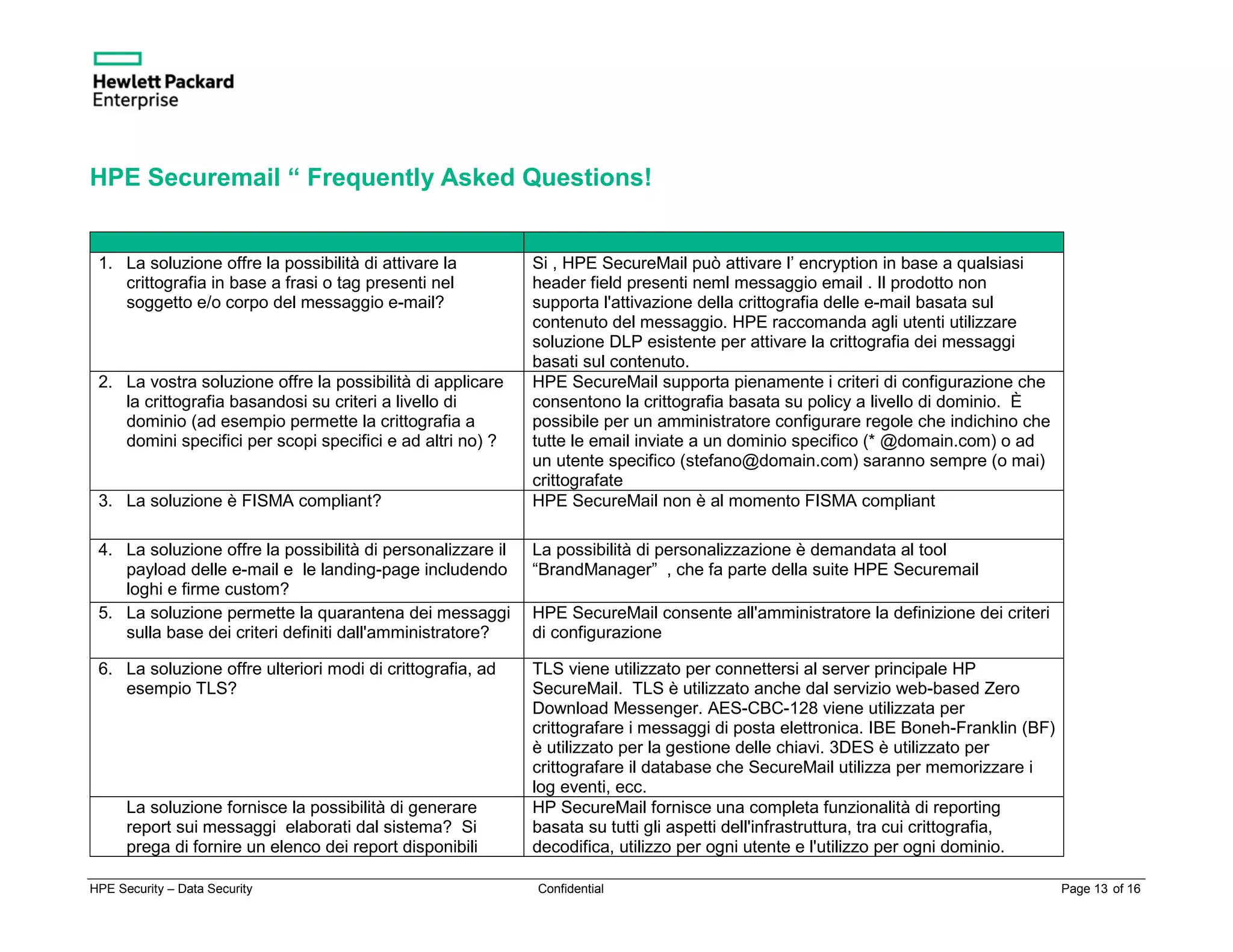 HPE Security – Data Security Confidential Page 13 of 16
HPE Securemail “ Frequently Asked Questions!
1. La soluzione offre la possibilità di attivare la
crittografia in base a frasi o tag presenti nel
soggetto e/o corpo del messaggio e-mail?
Si , HPE SecureMail può attivare l’ encryption in base a qualsiasi
header field presenti neml messaggio email . Il prodotto non
supporta l'attivazione della crittografia delle e-mail basata sul
contenuto del messaggio. HPE raccomanda agli utenti utilizzare
soluzione DLP esistente per attivare la crittografia dei messaggi
basati sul contenuto.
2. La vostra soluzione offre la possibilità di applicare
la crittografia basandosi su criteri a livello di
dominio (ad esempio permette la crittografia a
domini specifici per scopi specifici e ad altri no) ?
HPE SecureMail supporta pienamente i criteri di configurazione che
consentono la crittografia basata su policy a livello di dominio. È
possibile per un amministratore configurare regole che indichino che
tutte le email inviate a un dominio specifico (* @domain.com) o ad
un utente specifico (stefano@domain.com) saranno sempre (o mai)
crittografate
3. La soluzione è FISMA compliant? HPE SecureMail non è al momento FISMA compliant
4. La soluzione offre la possibilità di personalizzare il
payload delle e-mail e le landing-page includendo
loghi e firme custom?
La possibilità di personalizzazione è demandata al tool
“BrandManager” , che fa parte della suite HPE Securemail
5. La soluzione permette la quarantena dei messaggi
sulla base dei criteri definiti dall'amministratore?
HPE SecureMail consente all'amministratore la definizione dei criteri
di configurazione
6. La soluzione offre ulteriori modi di crittografia, ad
esempio TLS?
TLS viene utilizzato per connettersi al server principale HP
SecureMail. TLS è utilizzato anche dal servizio web-based Zero
Download Messenger. AES-CBC-128 viene utilizzata per
crittografare i messaggi di posta elettronica. IBE Boneh-Franklin (BF)
è utilizzato per la gestione delle chiavi. 3DES è utilizzato per
crittografare il database che SecureMail utilizza per memorizzare i
log eventi, ecc.
La soluzione fornisce la possibilità di generare
report sui messaggi elaborati dal sistema? Si
prega di fornire un elenco dei report disponibili
HP SecureMail fornisce una completa funzionalità di reporting
basata su tutti gli aspetti dell'infrastruttura, tra cui crittografia,
decodifica, utilizzo per ogni utente e l'utilizzo per ogni dominio.
 