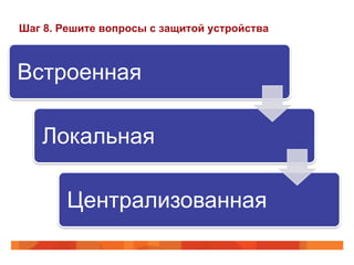 Шаг 8. Решите вопросы с защитой устройства 
Встроенная 
Локальная 
Централизованная 
 