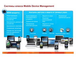Системы класса Mobile Device Management 
MDM продукты Контроль доступа и защита от сетевых угроз 
ü Инвентаризация 
ü Инициализация 
устройства 
ü Безопасность данных на 
устройстве 
ü Безопасность приложен. 
ü Управление затратами 
ü Полная или частичная 
очистка удаленного 
устройства 
ü Аутентификация 
пользователей и 
устройств 
ü Оценка состояния 
ü Применение 
политики доступа 
ü Безопасный 
удаленный доступ 
ü Защита от угроз 
ü Политика 
использования 
Web 
ü Защита от утечек 
информации 
Политики Облако Web Sec Защитный клиент МСЭ 
 