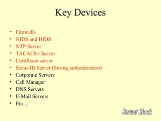 Key Devices
•   Firewalls
•   NIDS and HIDS
•   NTP Server
•   TACACS+ Server
•   Certificate server
•   Secur-ID Server (Strong authentication)
•   Corporate Servers
•   Call Manager
•   DNS Servers
•   E-Mail Servers
•   Etc…
 