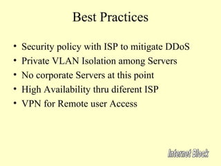 Best Practices

•   Security policy with ISP to mitigate DDoS
•   Private VLAN Isolation among Servers
•   No corporate Servers at this point
•   High Availability thru diferent ISP
•   VPN for Remote user Access
 
