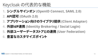 14Copyright（C） Nomura Research Institute, Ltd. All rights reserved.
Keycloak の代表的な機能
1. シングルサインオン (OpenID Connect, SAML 2.0)
2. API認可 (OAuth 2.0)
3. アプリケーション向けのライブラリ提供 (Client Adapter)
4. 外部IdP連携 (Identity Brokering / Social Login)
5. 外部ユーザーデータストアとの連携 (User Federation)
6. 豊富なカスタマイズポイント
 