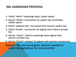 SSL HANDSHAKE PROTOCOL 1. Client "Hello": challenge data, cipher specs 2. Server "Hello": connection ID, public key certificate, cipher specs 3. Client "session-key": encrypted with server's public key 4. Client "finish": connection ID signed with client's private key 5. Server "verify": client's challenge data signed with server's private key 6. Server "finish": session ID signed with server's private key  Session IDs and encryption options cached to avoid renegotiation for reconnection 