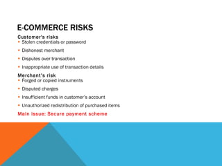 E-COMMERCE RISKS Customer's risks Stolen credentials or password Dishonest merchant Disputes over transaction Inappropriate use of transaction details Merchant’s risk Forged or copied instruments Disputed charges Insufficient funds in customer’s account Unauthorized redistribution of purchased items Main issue: Secure payment scheme 